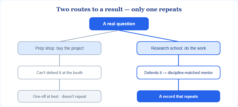 Decision tree showing the difference between a prep-shop shortcut and a research-school method on the path to an ISEF result