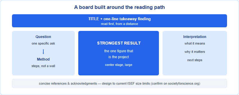 A project board layout map: top banner with title and takeaway, left column for question and method, a large center panel for the strongest result, a right column for interpretation, and a thin lower strip for references, with arrows showing the top-to-bottom left-to-right reading path.