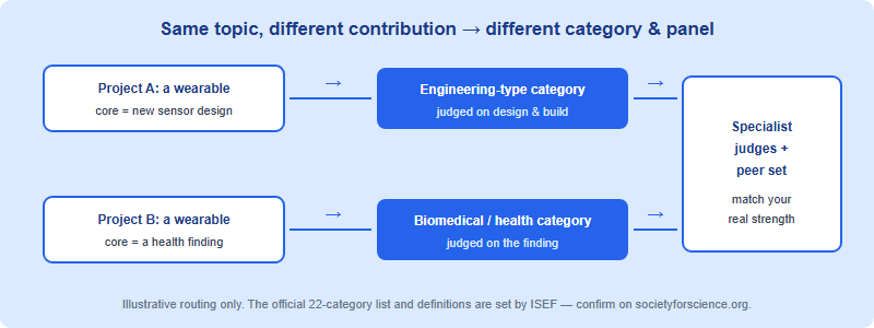 Two students with similar surface topics routed into different ISEF categories based on their core contribution, each facing a different specialist judging panel and a different peer comparison.