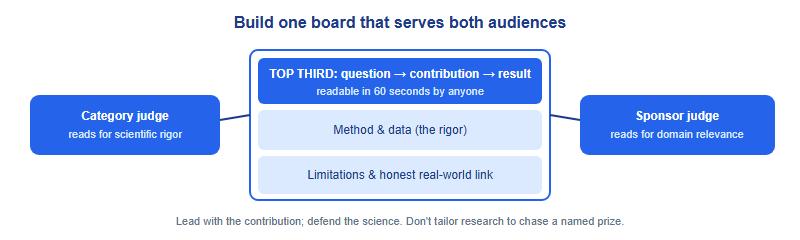 A board-anatomy diagram showing that the top third of an ISEF board should state question, contribution, and result so that both category judges and special-award sponsors can read it quickly