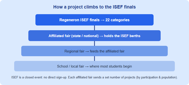 The ISEF qualification pyramid. From bottom to top: a school or local fair, then a regional fair, then a state or national affiliated fair which holds the ISEF berths, leading to the Regeneron ISEF finals. A note explains each affiliated fair sends a pre-determined number of projects, and that ISEF is a closed event with no direct entry.