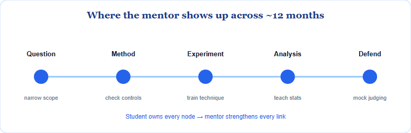 A five-stage timeline of an ISEF project showing the mentor's role at each stage from question through communication