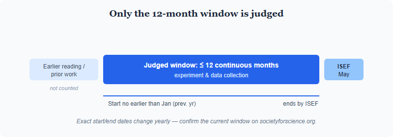 A twelve-month research window shown as a timeline from a January start to the following May, with the judged period highlighted and earlier background reading marked as not counted