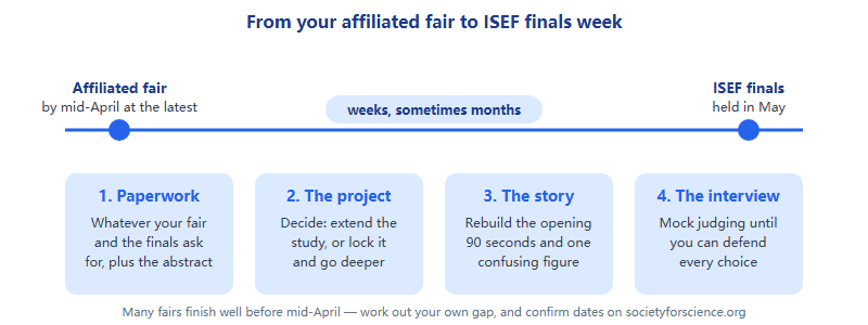 Timeline from an affiliated fair, which concludes by mid-April at the latest though many finish earlier, to ISEF finals in May, leaving a gap of a few weeks to a couple of months, with four workstreams in it: paperwork, the project decision, the story, and the interview