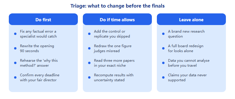 Three-column triage chart showing what to do first, what to do if time allows, and what to leave alone between the affiliated fair and ISEF finals
