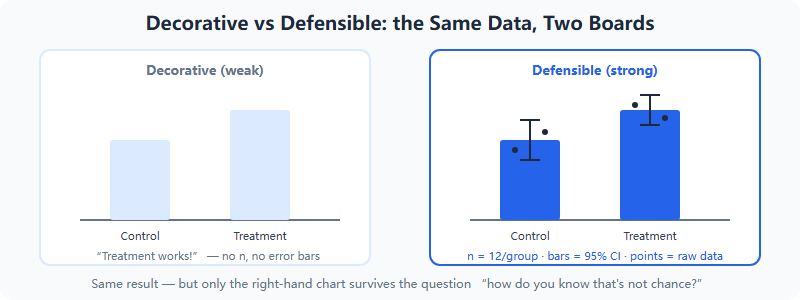 Side-by-side comparison of a decorative bar chart without error bars and a defensible chart with error bars, sample size and measured caption