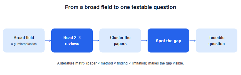 Flow from a broad field through reading reviews, clustering papers, spotting the gap, to a testable question