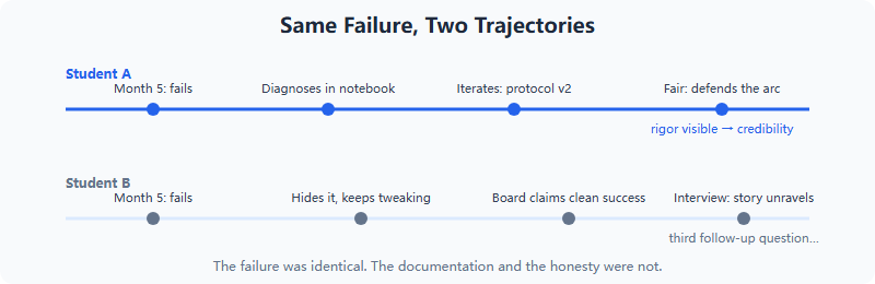 Timeline comparing two students who hit the same failure in month five: one iterates with documentation and arrives at the fair with a defensible project, one hides the failure and stalls