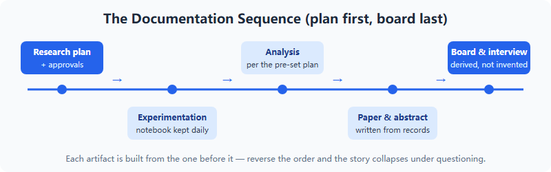 Timeline showing the documentation sequence from research plan and approvals through notebook keeping to paper, abstract and board