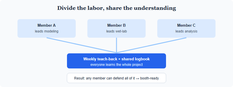 Diagram showing three team members each owning a lead area but all sharing full understanding through weekly teach-backs and a shared logbook
