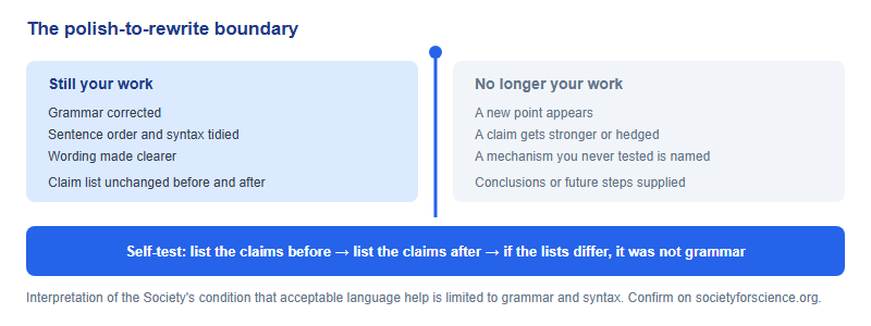 A spectrum from student thinking with AI assistance on the acceptable side to AI thinking submitted as student work on the prohibited side, with the boundary placed between grammar and syntax changes and changes that alter or add substantive points