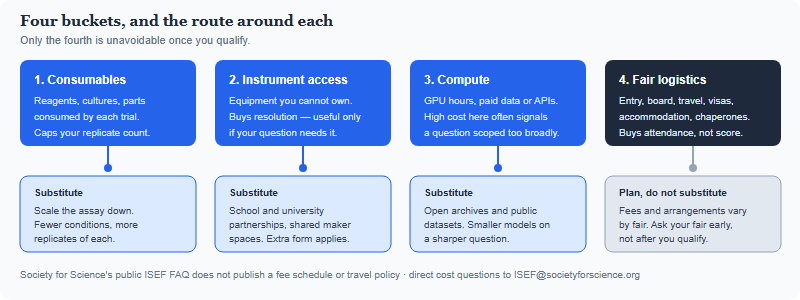 Four ISEF project cost buckets shown as columns with a substitution route listed beneath each